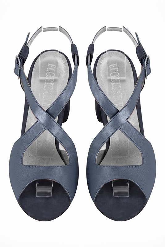 Navy blue women's open back sandals, with crossed straps. Round toe. Low flare heels. Top view - Florence KOOIJMAN